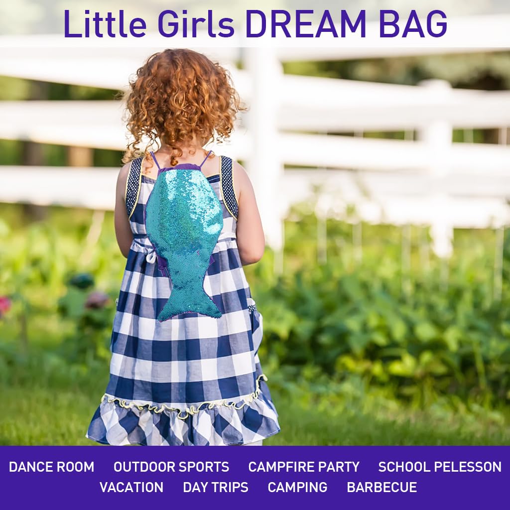 SNOWIE SOFT Drawstring Backpack for Kids with Adjustable Straps and Sequin Mermaid Tail Charm | Waterproof PU Bag and Small Purse Set