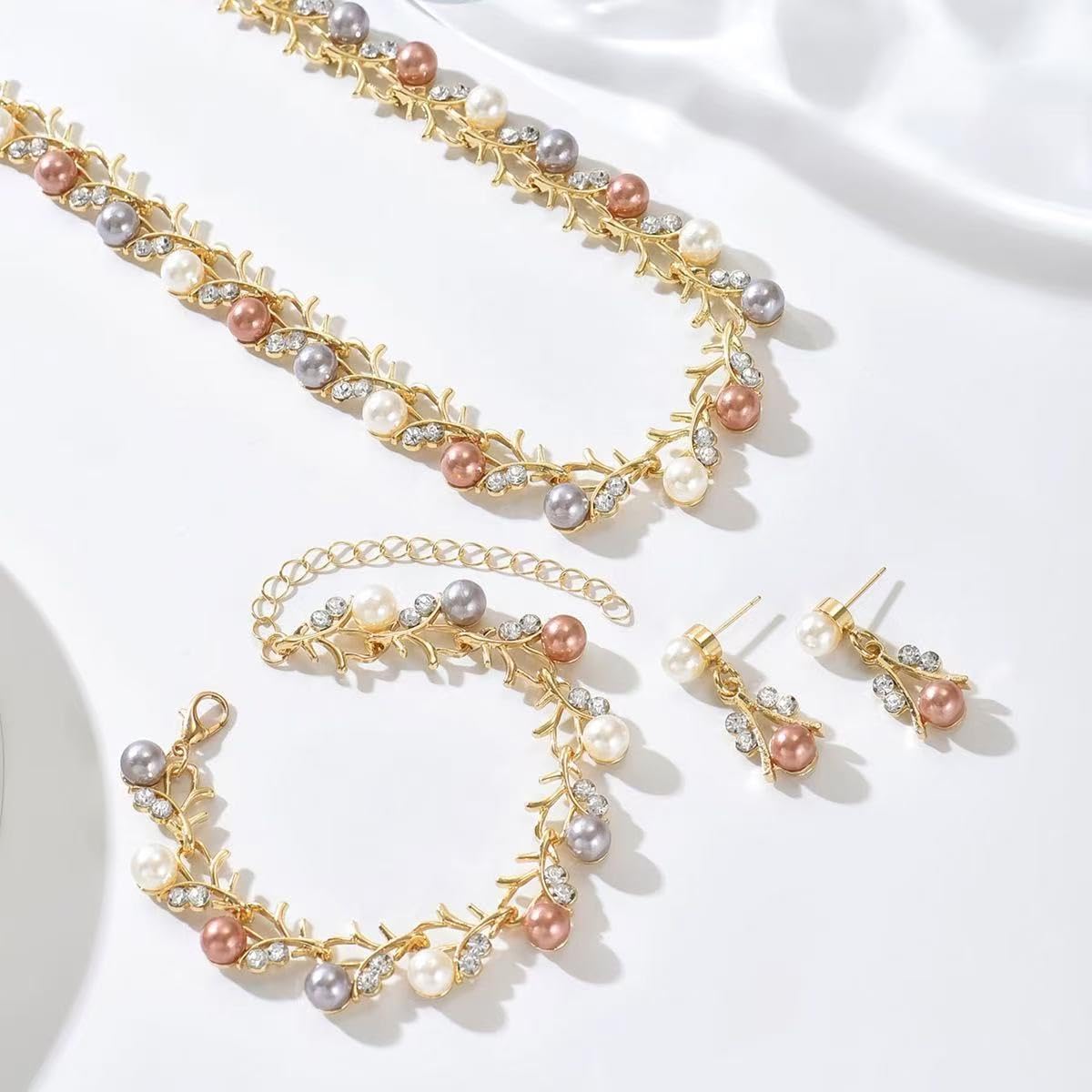 SANNIDHI Jewelry Set for Women with Pearl and Rhinestone Details | Necklace Bracelet & Earrings for Wedding and Party