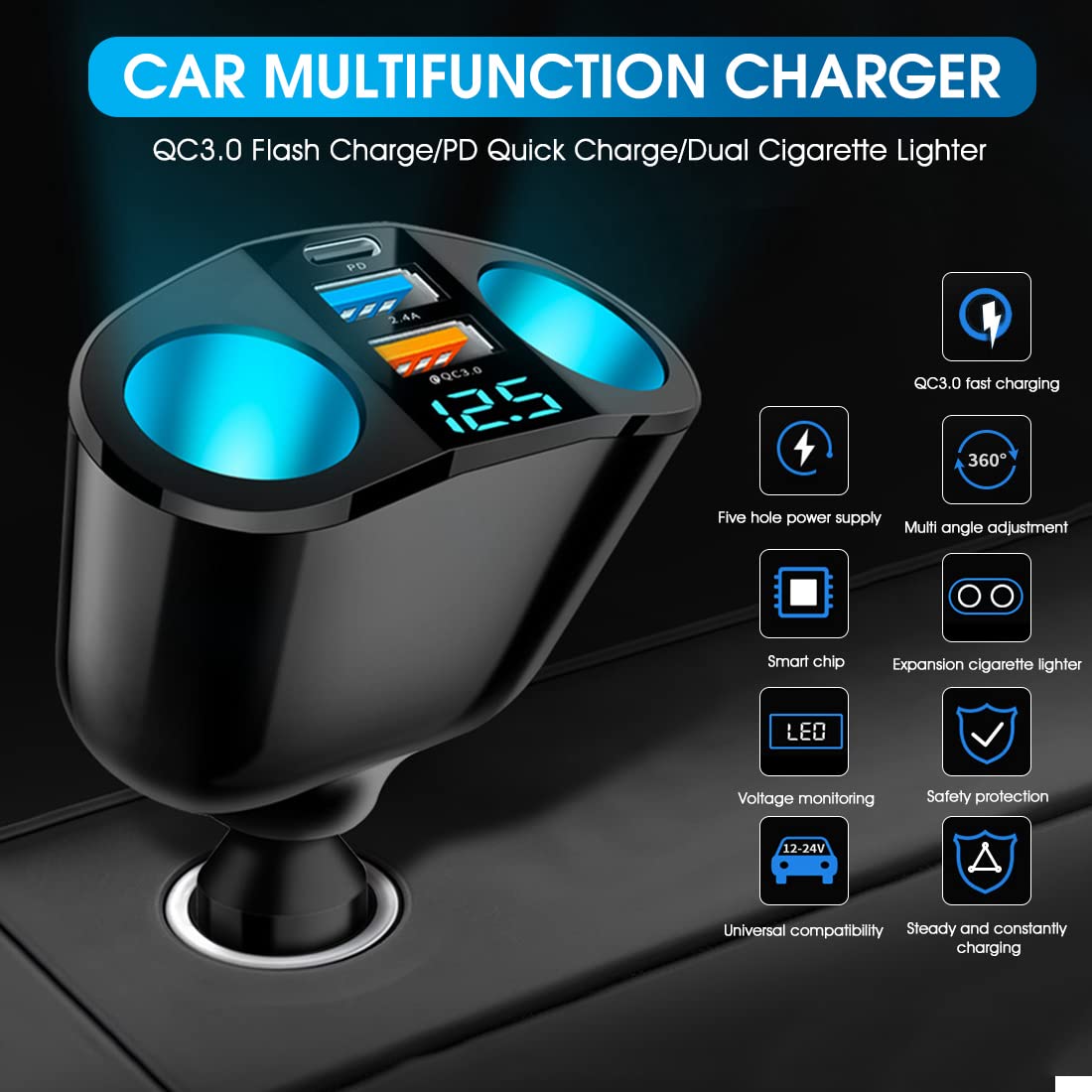 STHIRA Car Charger Splitter with 120W Dual Cigarette Lighter Sockets and QC3.0 PD Ports | Fast Charging Adapter for 12V 24V Vehicles