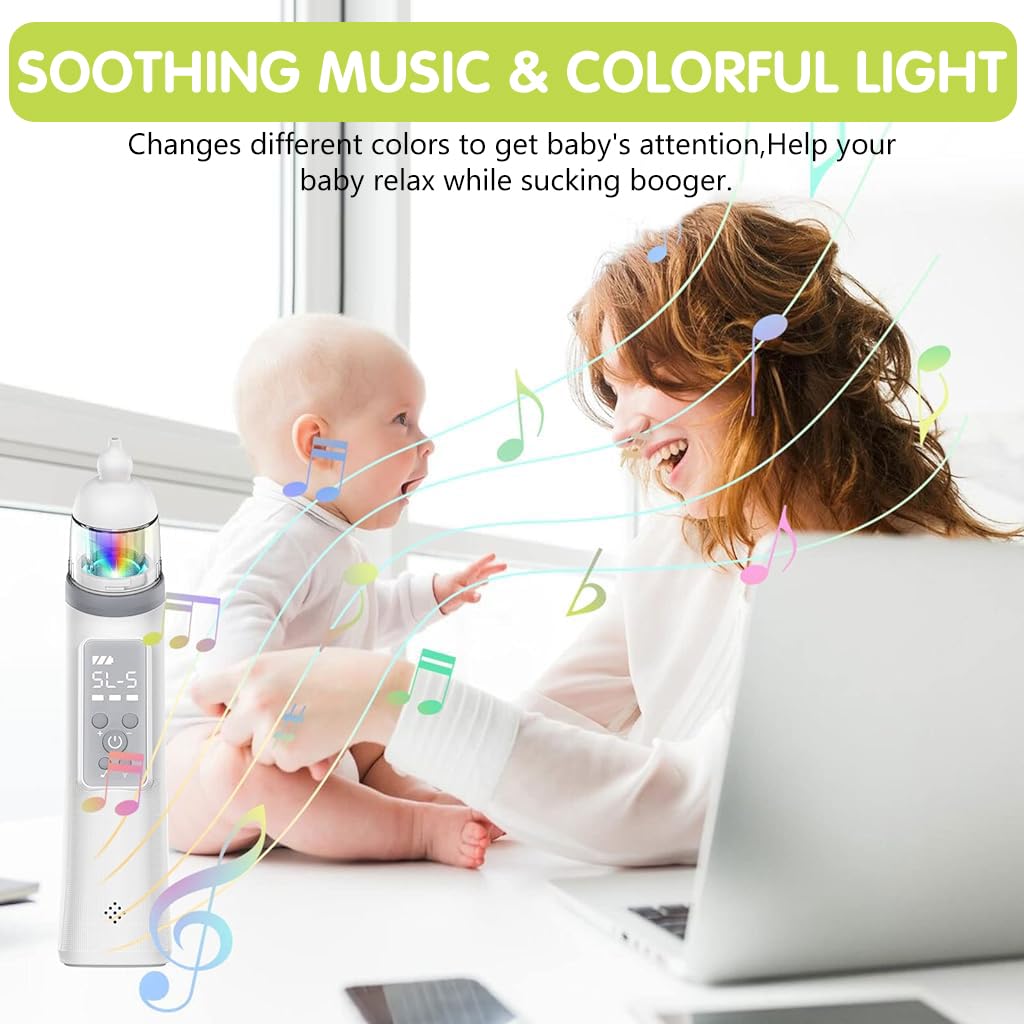 SNOWIE SOFT® USB Nasal Aspirator for Baby with Light & Music, 5 Levels & 3 Tips, Electric Baby Nose Suction, Baby Nose Sucker Baby Mucus Remover Toddlers Nose Cleaner Electric Nasal Sucker (White)