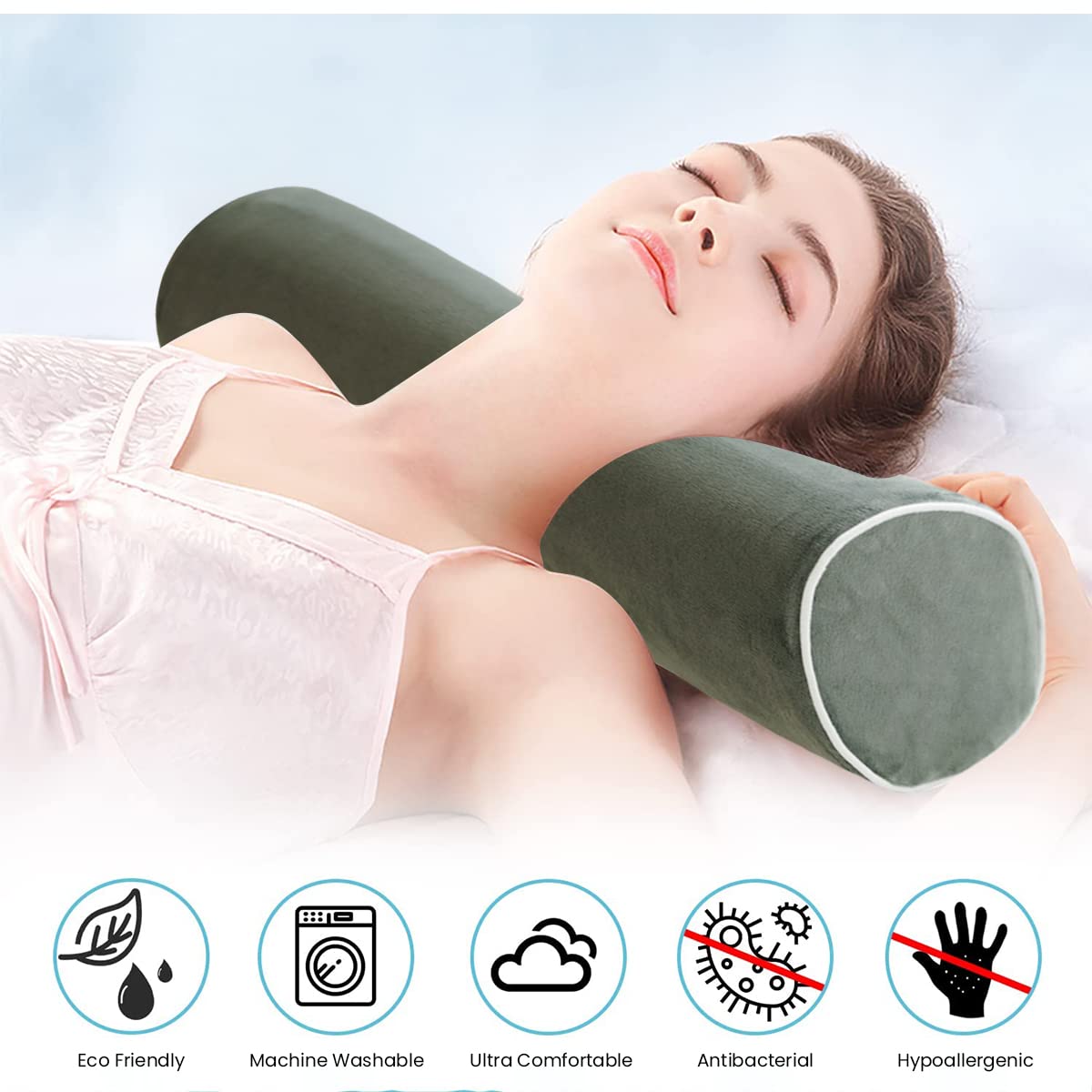 HANNEA Cervical Neck Roll Pillow for Sleeping Support with Ergonomic Memory Foam | Removable Washable Cover
