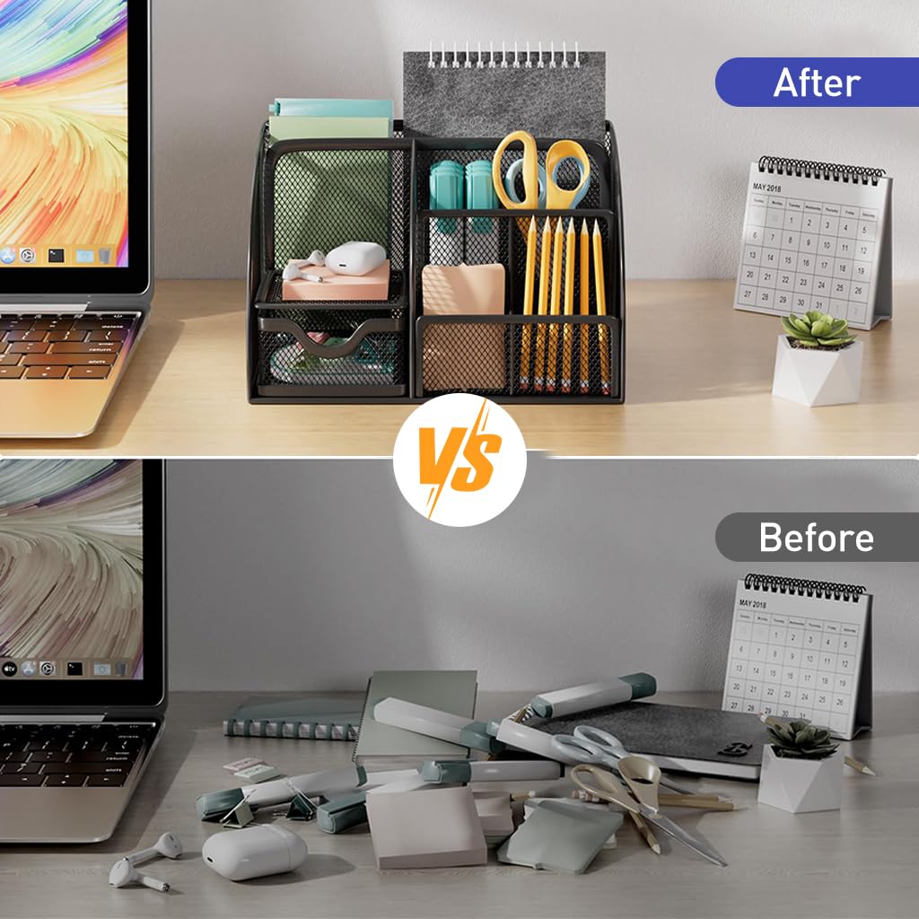 Zibuyu Metal Desk Organizer for Office Supplies with 7 Compartments and Drawer 22x14x13 cm