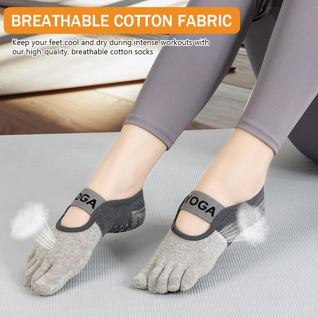 PROBEROS Yoga Socks for Pilates and Barre with 5 Toe Anti Slip Grip and Elastic Straps | Grey Cotton Pair