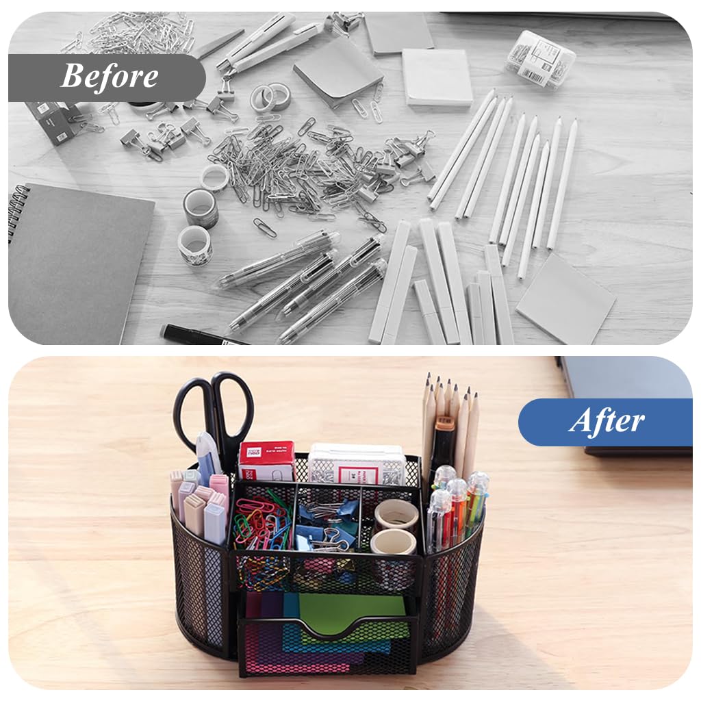 Zibuyu Metal Mesh Desk Organizer for Office and Home with Drawer and 8 Compartments | Black 22×11×10.5 cm