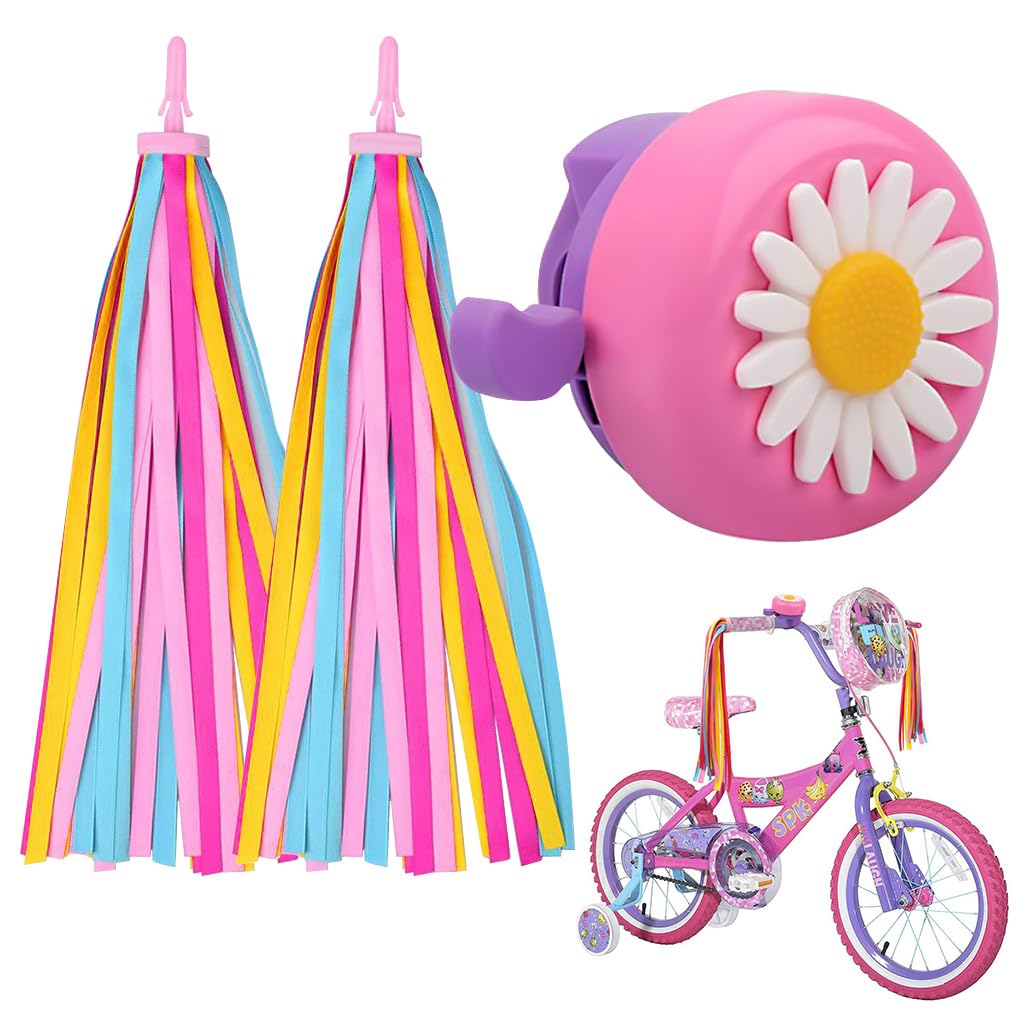 Proberos® Kids Bike Bell Daisy Flower Pink Dome Bell with 2 Pack Pink Tassels Charms Bike Charms Scooter Charms Handle Bar Charms Decorative Streamers for Kids Bike, Scooters