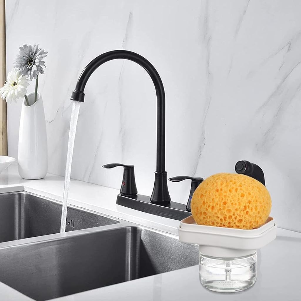 Supvox® Glass Liquid Soap Dispenser 280ml, 2 in 1 Press Dish Cleanser Dispenser with Integrated Sponge Drain Holder