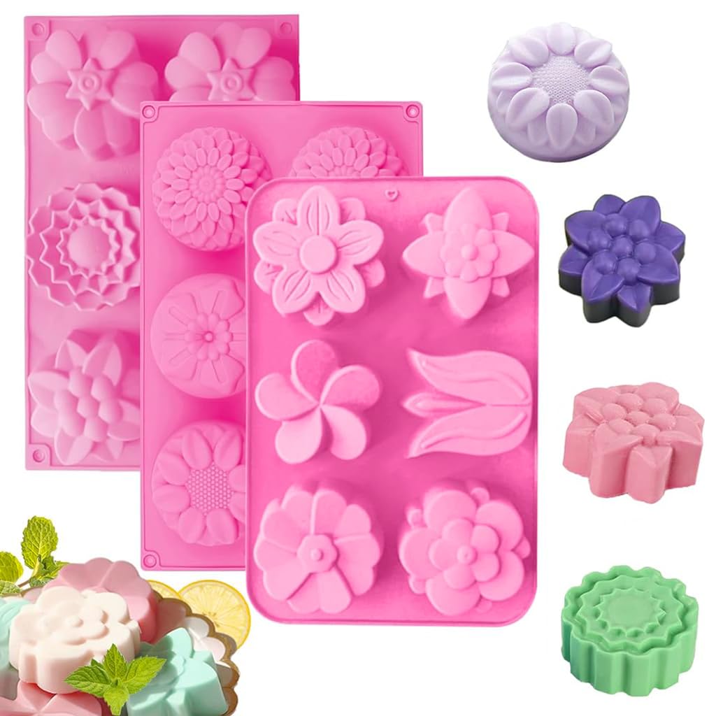 HASTHIP® 3Pcs Silicone Soap Molds, 6 Styles Flowers Soap Mold with Different Flower Shapes, Flower Shaped Molds for Soap Making, Handmade Candles, Resin Art