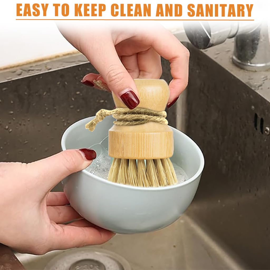 Supvox Bamboo Dish Brush for Pots and Pans with Ergonomic Round Handle | 2Pcs Natural Sisal Bristles