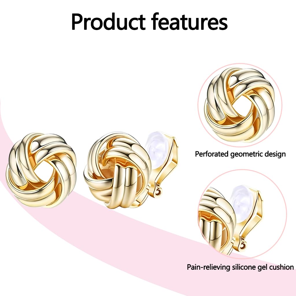ZIBUYU Clip On Earrings for Non Pierced Ears with Heart Knot Design and Gold Plating | Hypoallergenic Silicone Pads for Women