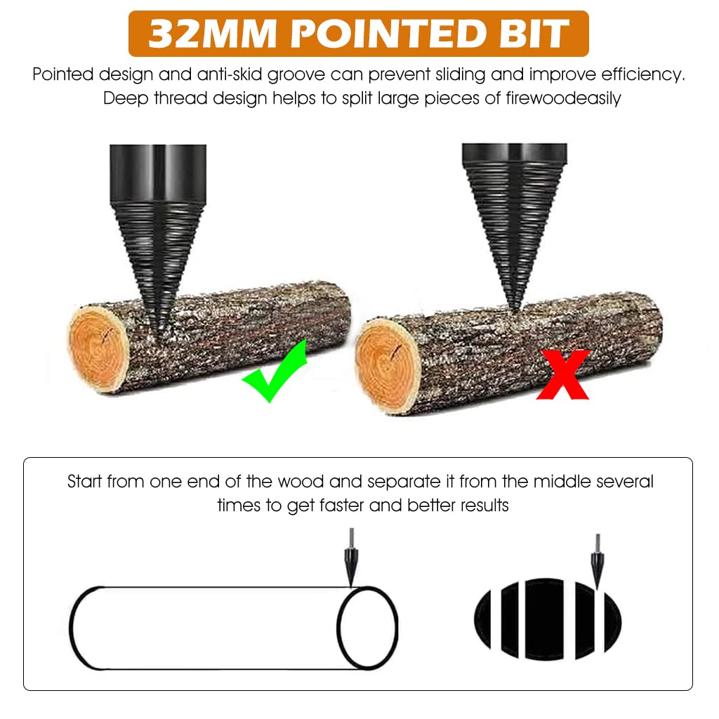 Supvox Wood Splitter Drill Bit Set for Firewood with 32mm Pointed Head and 3 Adapters | High Carbon Steel