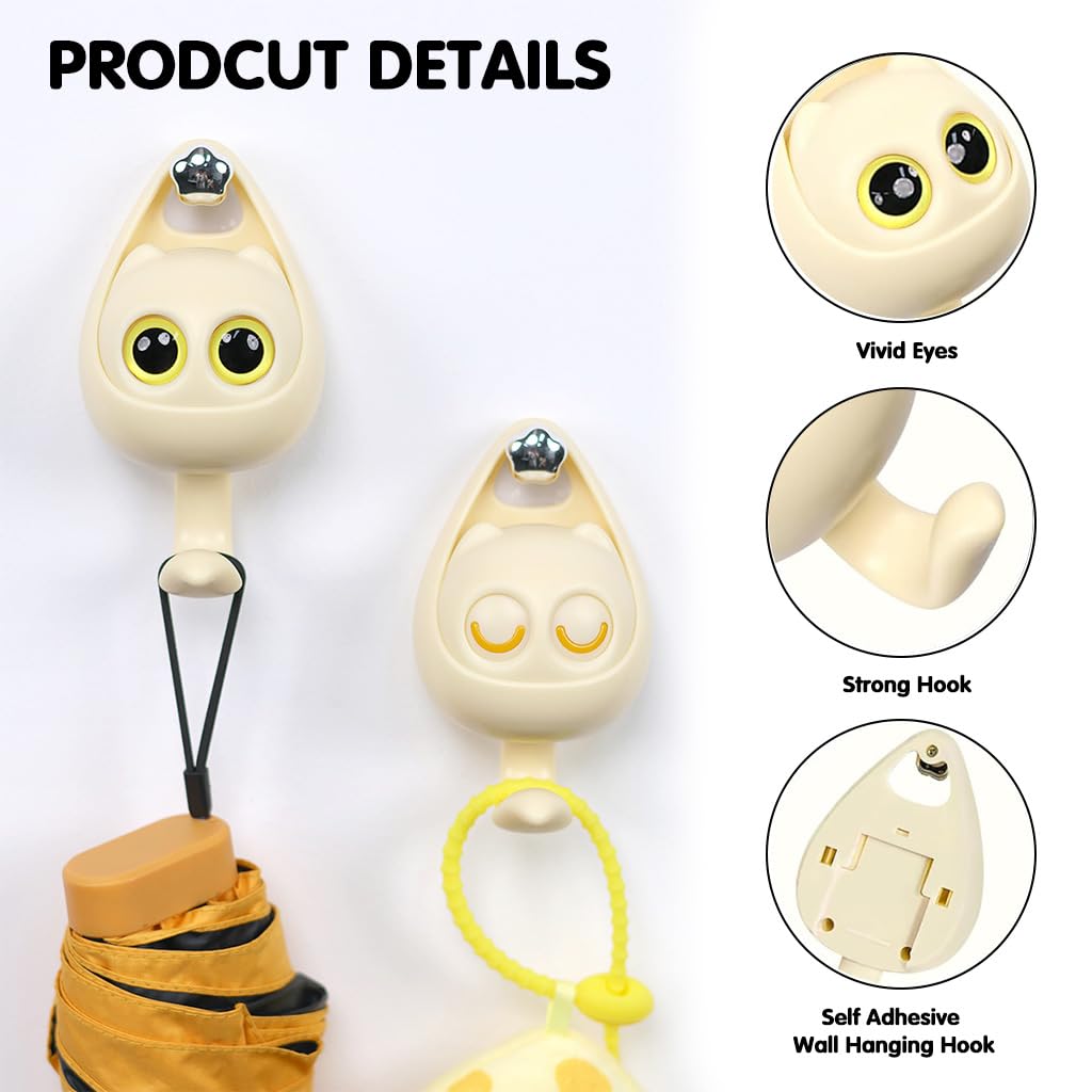 HASTHIP Cartoon Wall Hooks for Entryway and Bathroom with Blinking Eyes Design | 2Pcs No‑Drill Dual Color Hangers