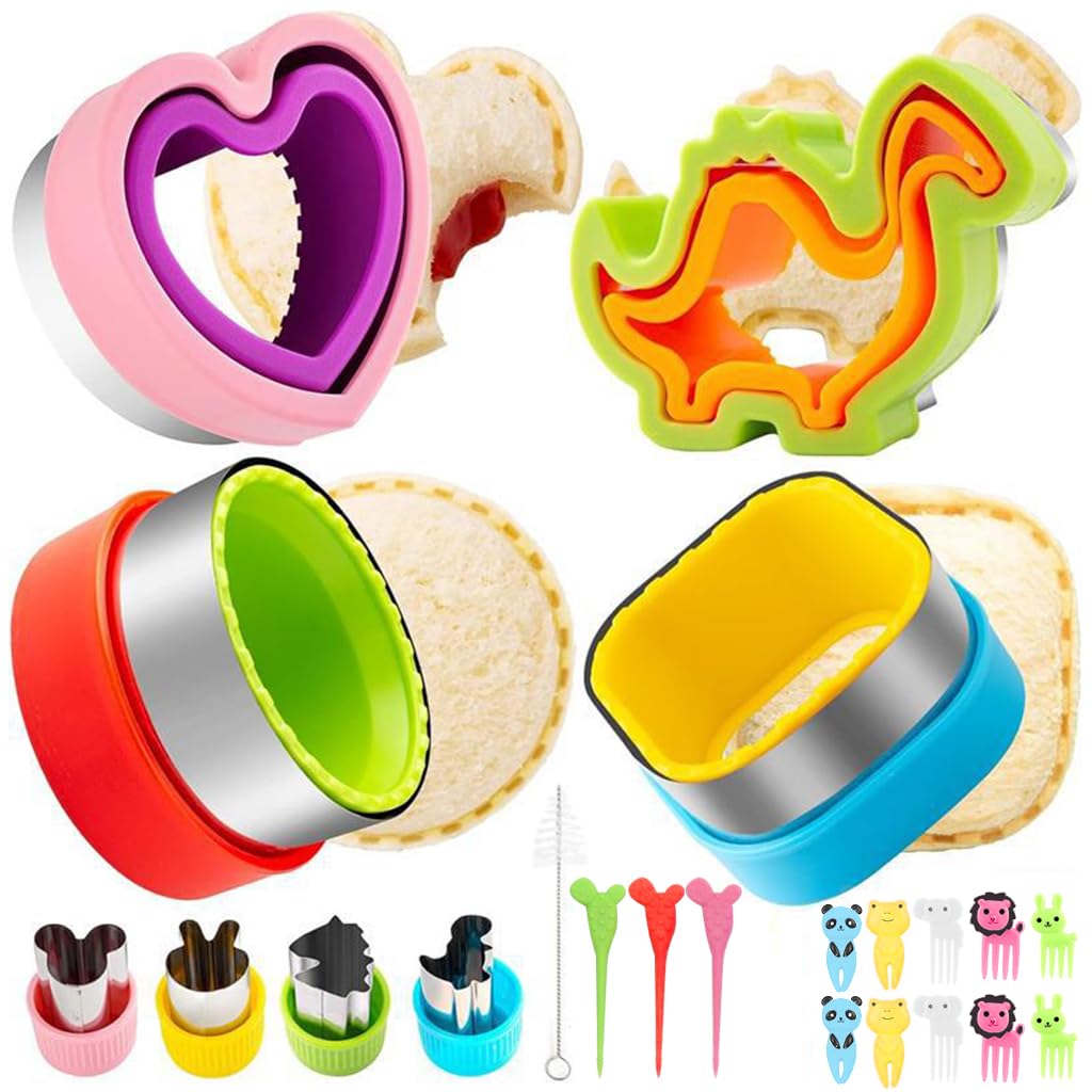 HASTHIP® 17Pcs Kid Sandwich Cutter and Sealer Set with Cute Vegetable Cutter Molds, Cartoon Kids Fruit Forks DIY Homemade Bread Sandwich Maker Molds Sandwich Press Mold Cutter and Sealer