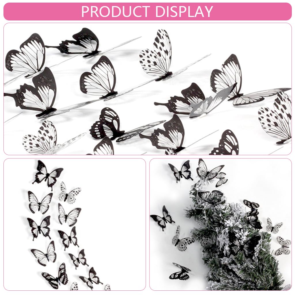 HASTHIP® 36Pcs 3D Butterfly Wall Stickers Decor Removable Butterfly Stickers PVC Black and White Butterfly Decals DIY Decorative Wall Art Crafts for Baby Room Home Decor Refrigerator Decoration