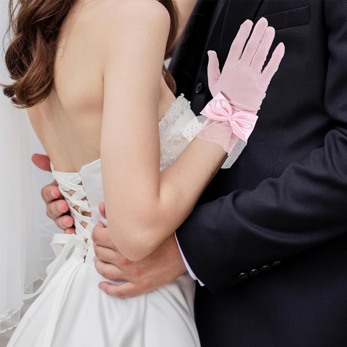 PALAY Lace Gloves for Wedding and Party with Satin Bow and Polka Dot Cuff | Pink Mesh Elegance