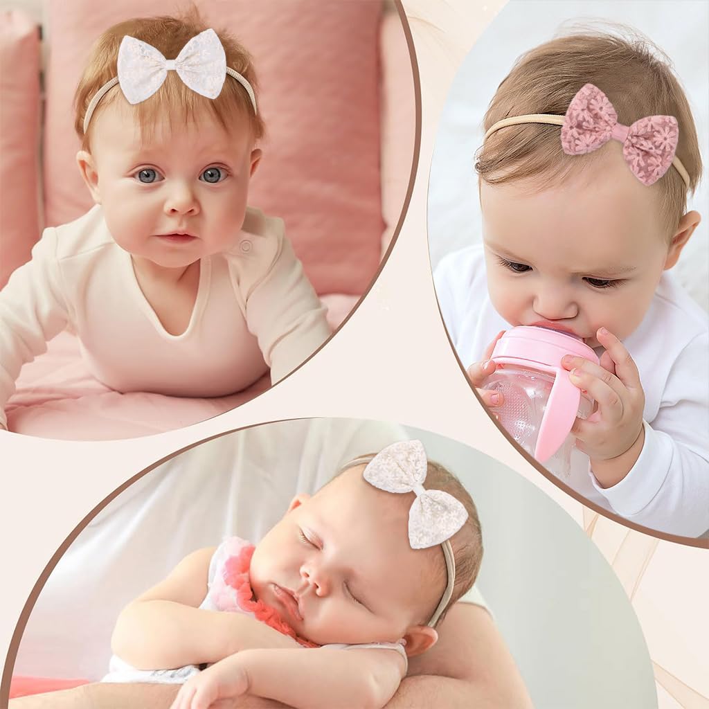 PALAY Hair Bands for Baby Girls with Embroidered Daisy Bows in Soft Stretchy Nylon | 4pcs Gift Set