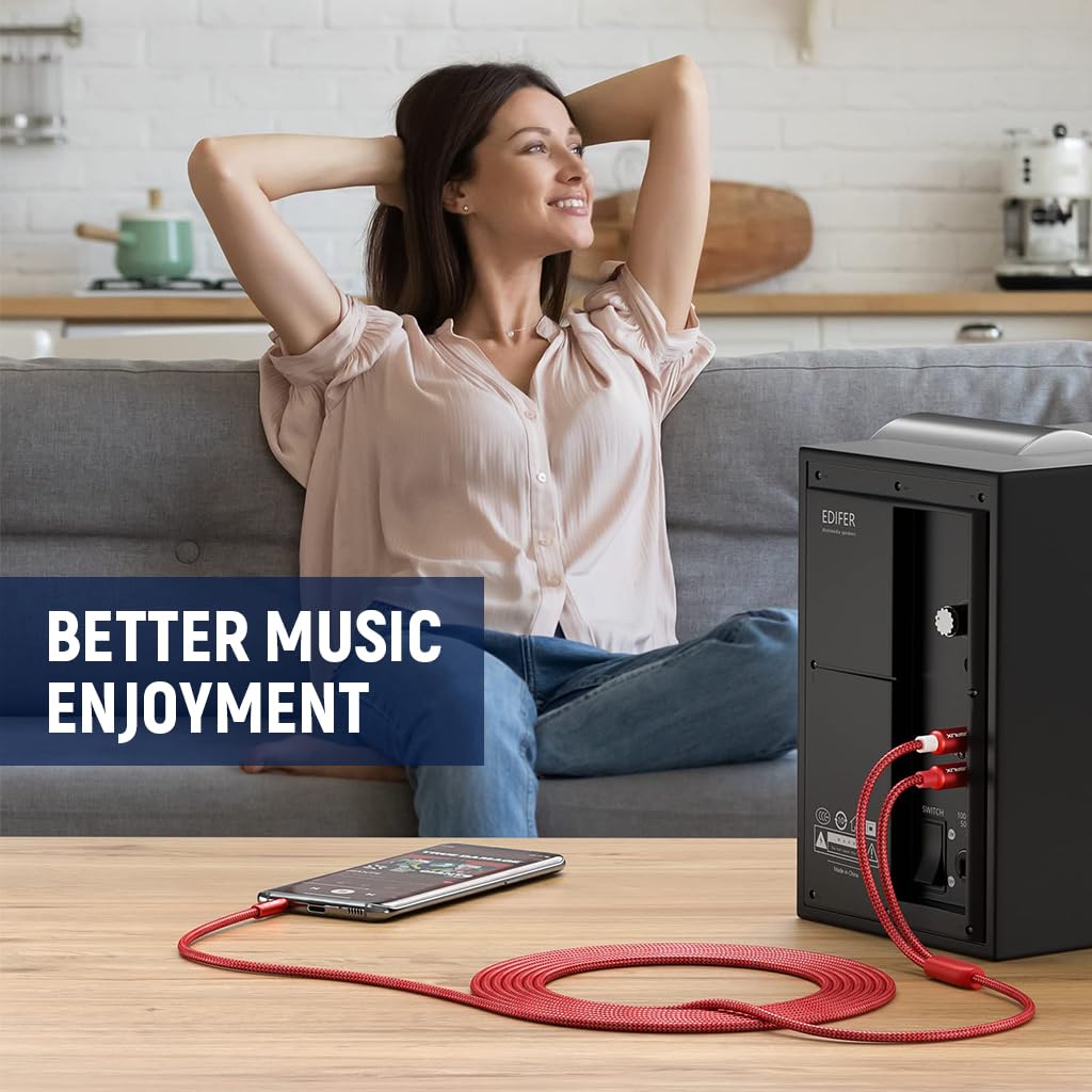 JSAUX RCA Audio Cable for Smartphone and Speaker with Gold-Plated Connectors | 3.9Ft Nylon Braided