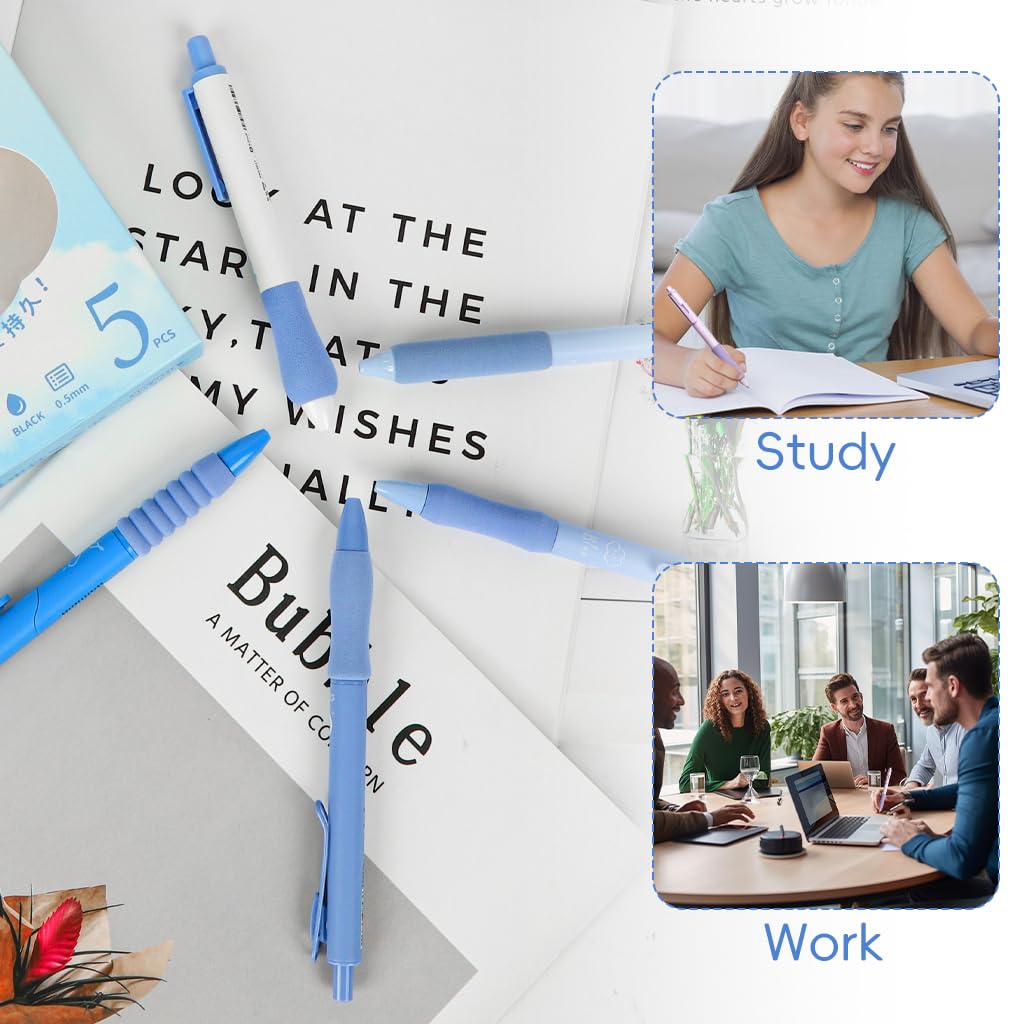 Zibuyu Click Pens 5Pcs for Students with Smooth Gel Ink and Cushion Foam Grips | Cloud Themed Blue Stationery