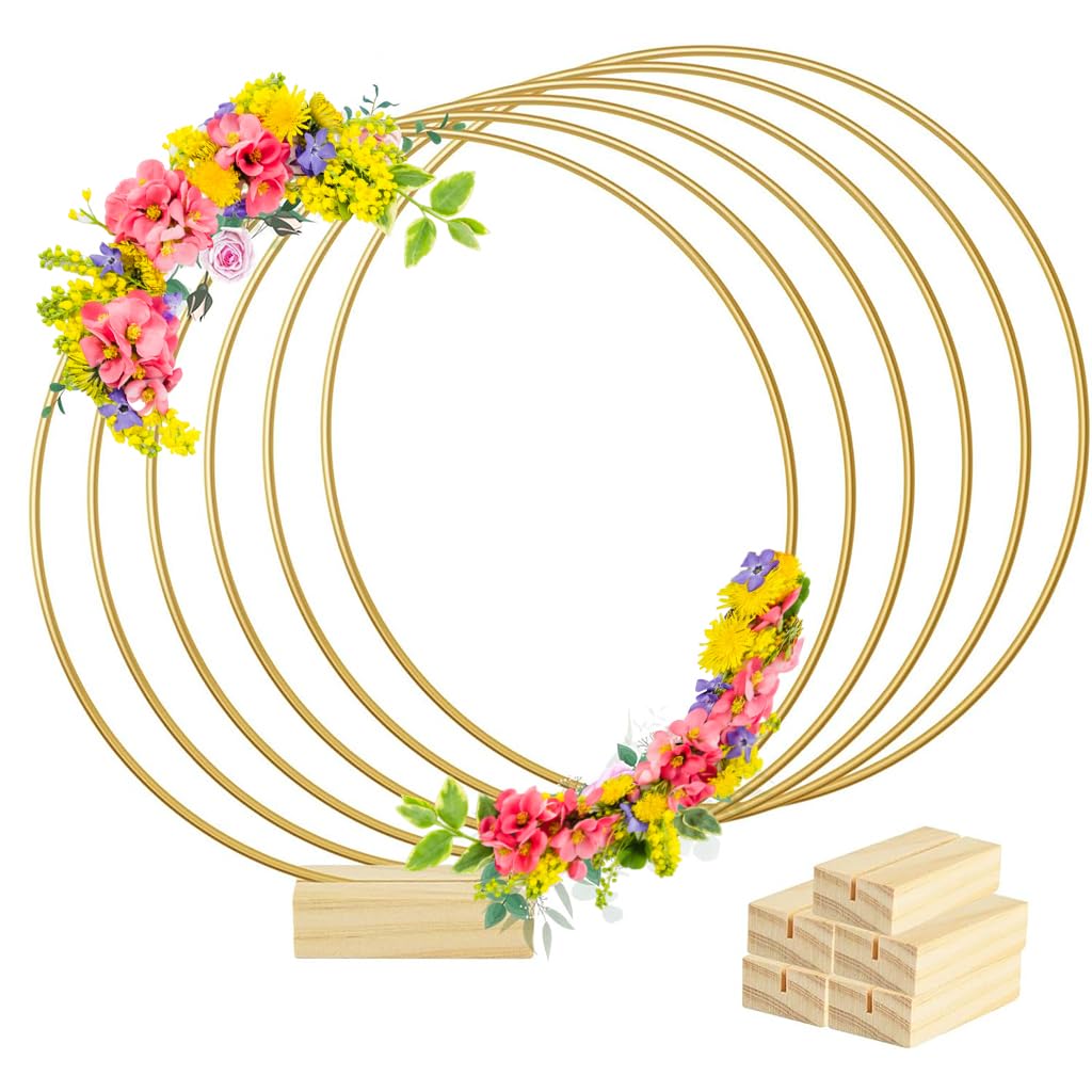 HASTHIP Floral Hoops for Wedding and Party Centerpieces featuring 12 in Metal Rings with Wooden Holders | Set of 6 Gold Table Decor