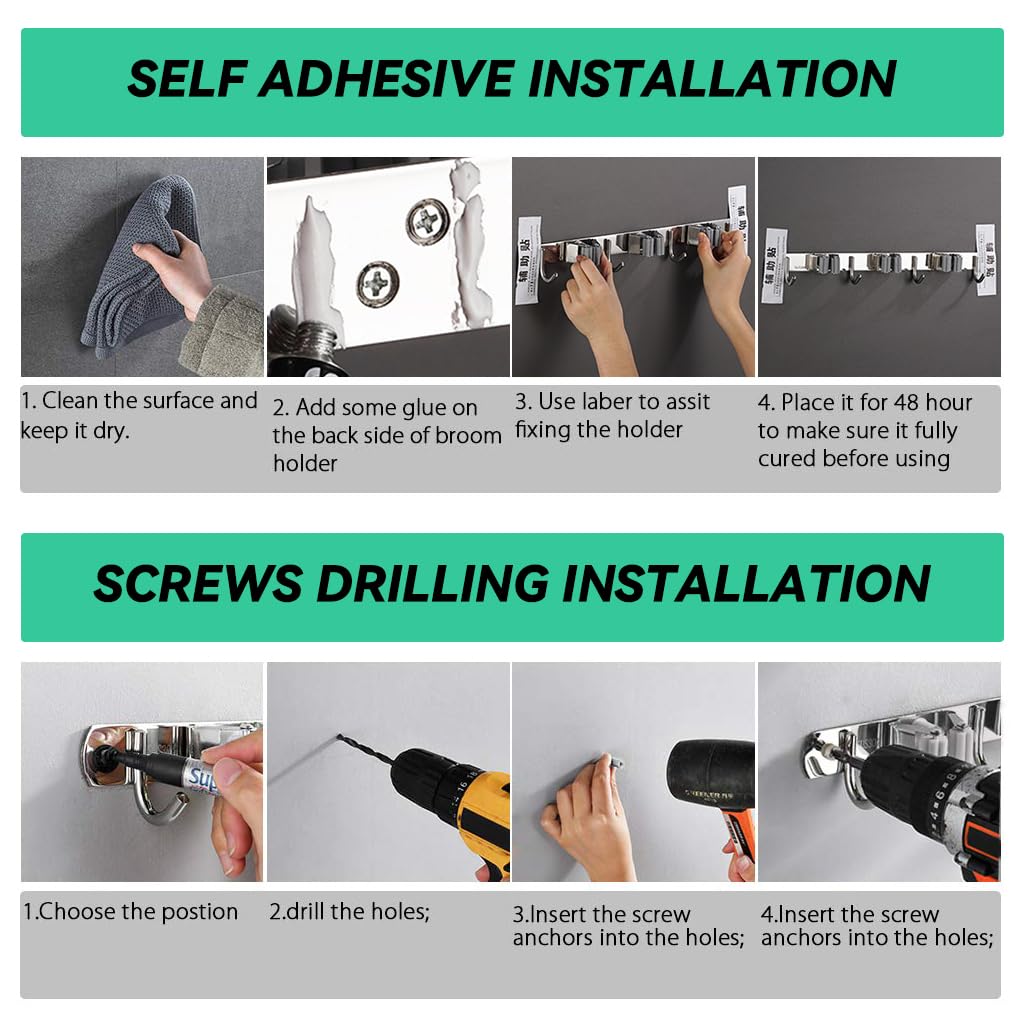 Zibuyu Broom Holder Wall Mounted for Kitchen and Bathroom with 3 Holders & 4 Hooks 14.9 in Stainless Steel Organizer