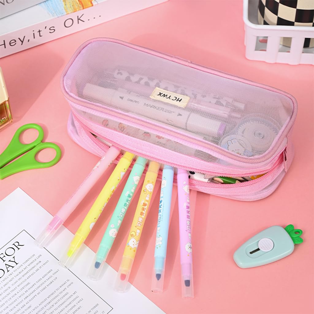 Climberty Grid Mesh Pencil Case for School and Office featuring Easy Access Zipper | 22.5x7.5x9.5 cm Pink Transparent Nylon