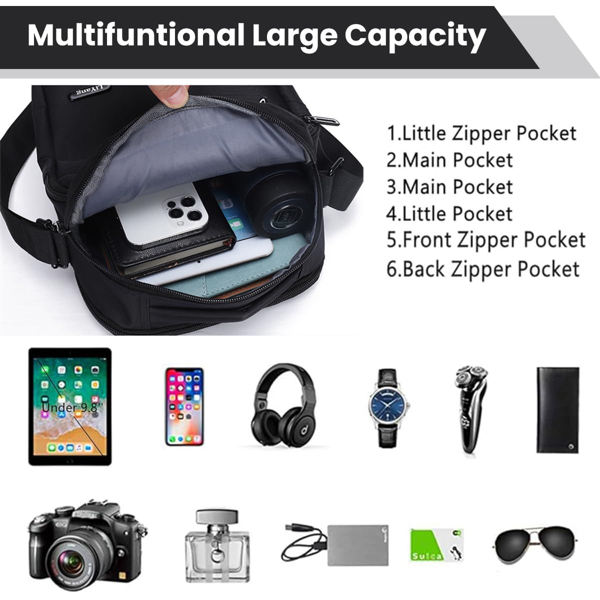GUSTAVE Sling Bag for Men, Oxford Cloth Small Side Bag Messenger Bags Crossbody Bags for Men with Adjustable Strap for Working Shopping Business Travel, Black