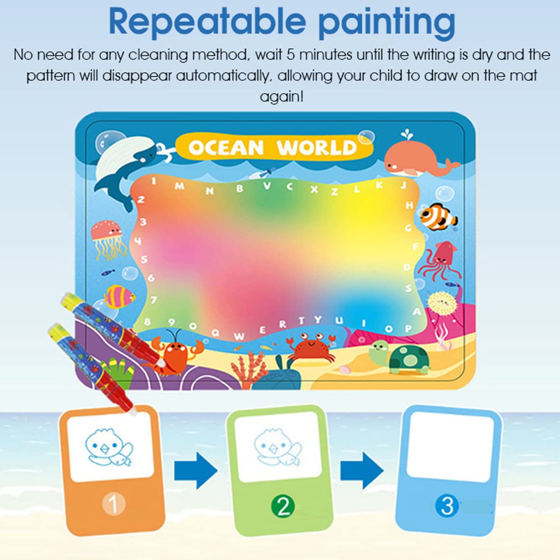 ELEPHANTBOAT Water Doodle Mat for Kids with 2 Magic Pens featuring Water‑Reveal Design | Foldable Educational Toy for Toddlers Age 2