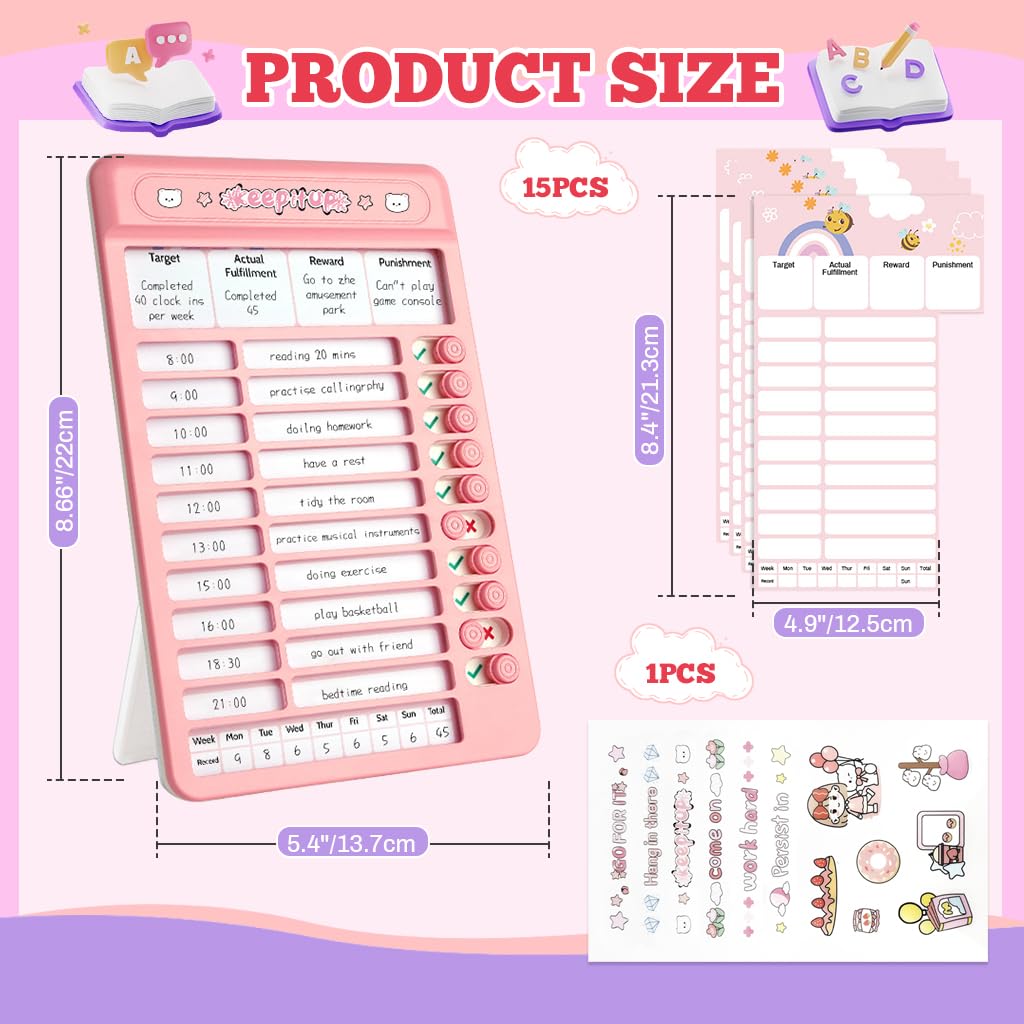 ZIBUYU Dry Erase Chore Chart Board for Kids and Teens with 15 Reusable Sheets featuring Slider Checklist | Dual Placement Options in Pink