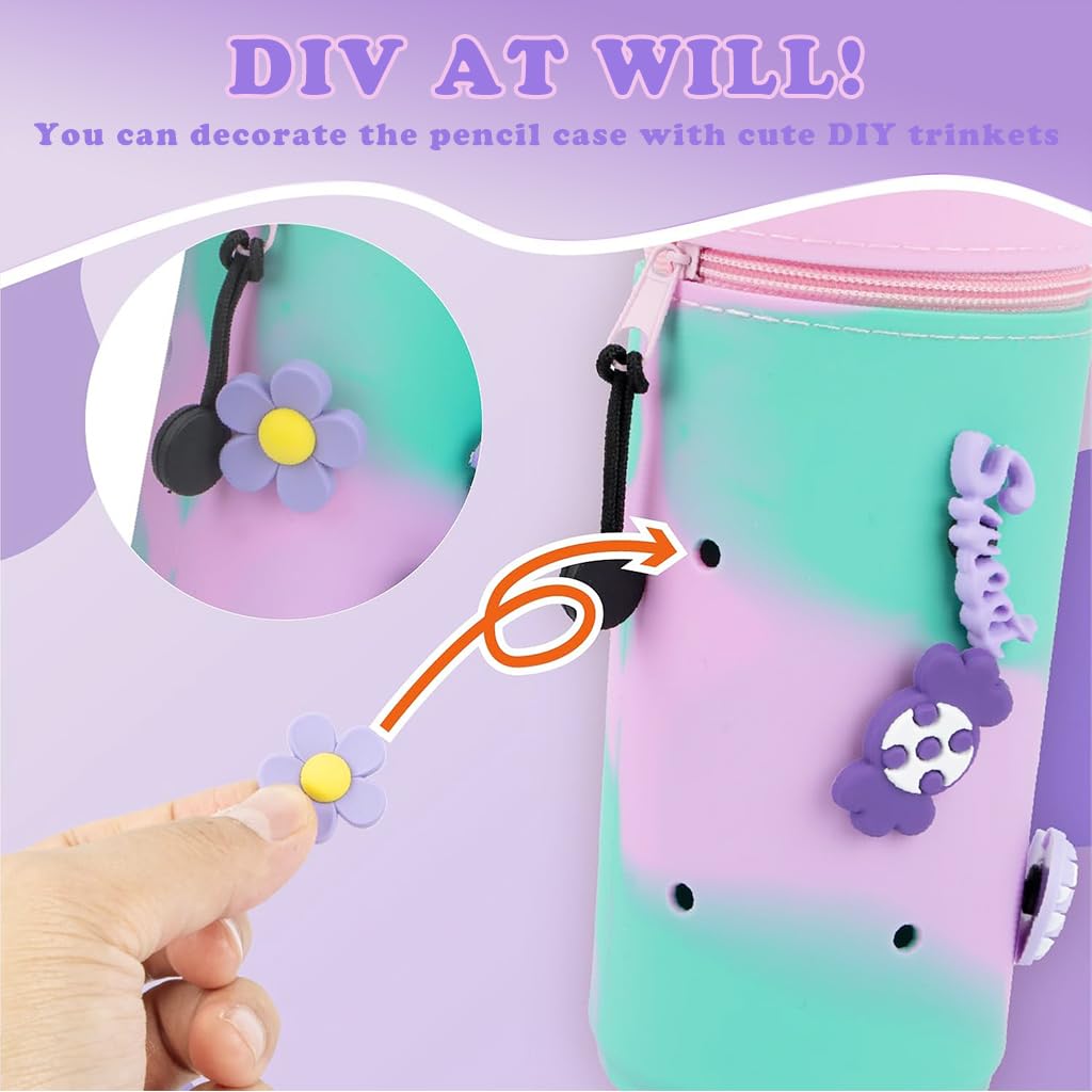 Climberty Unicorn Pencil Pouch for Girls with Multi Hole Design and Cute Charms | Pink Silicone Pen Holder for School