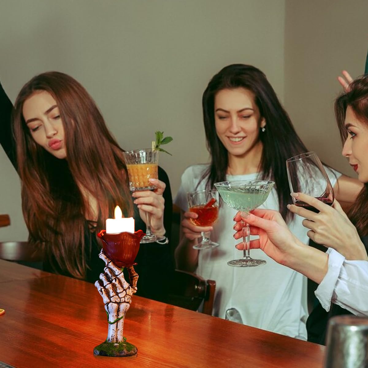 HASTHIP Halloween Candle Holder for Home Decor featuring Skeleton Hand and Rose 7.3x7.2x18.5cm | Gothic Romantic Resin Candle Stand