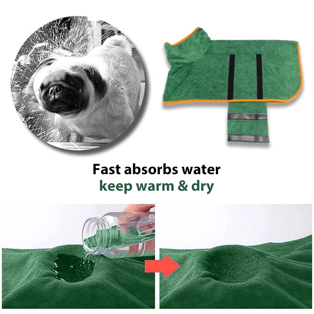Qpets Dog Bath Towel for Quick Drying with Adjustable Velcro and 51–60cm Size L | Green Microfiber Coat