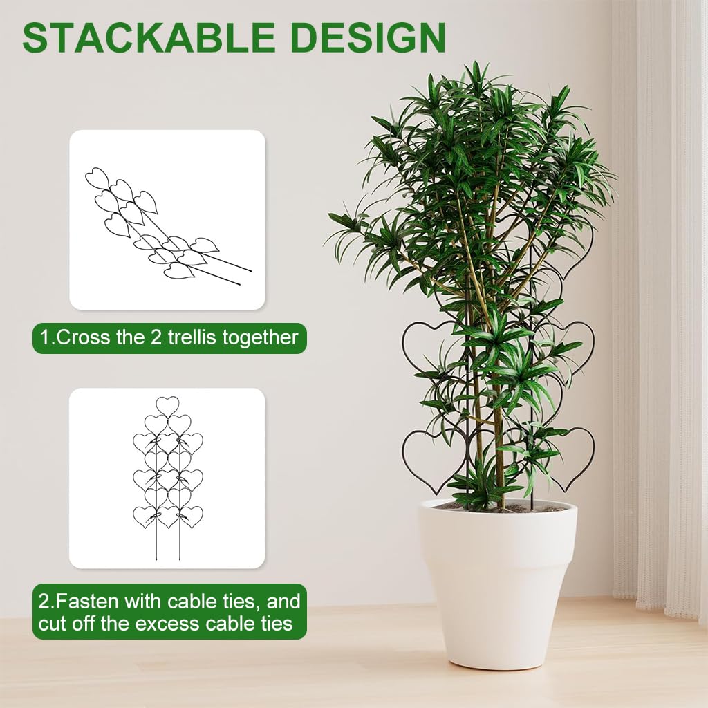 HASTHIP® 3Pcs Plant Trellis Heart-shaped Grid Iron Plant Pot Trellis for Climbing Plants DIY Assembly Green Plant Pot Trellis with 20Pcs Cable Ties