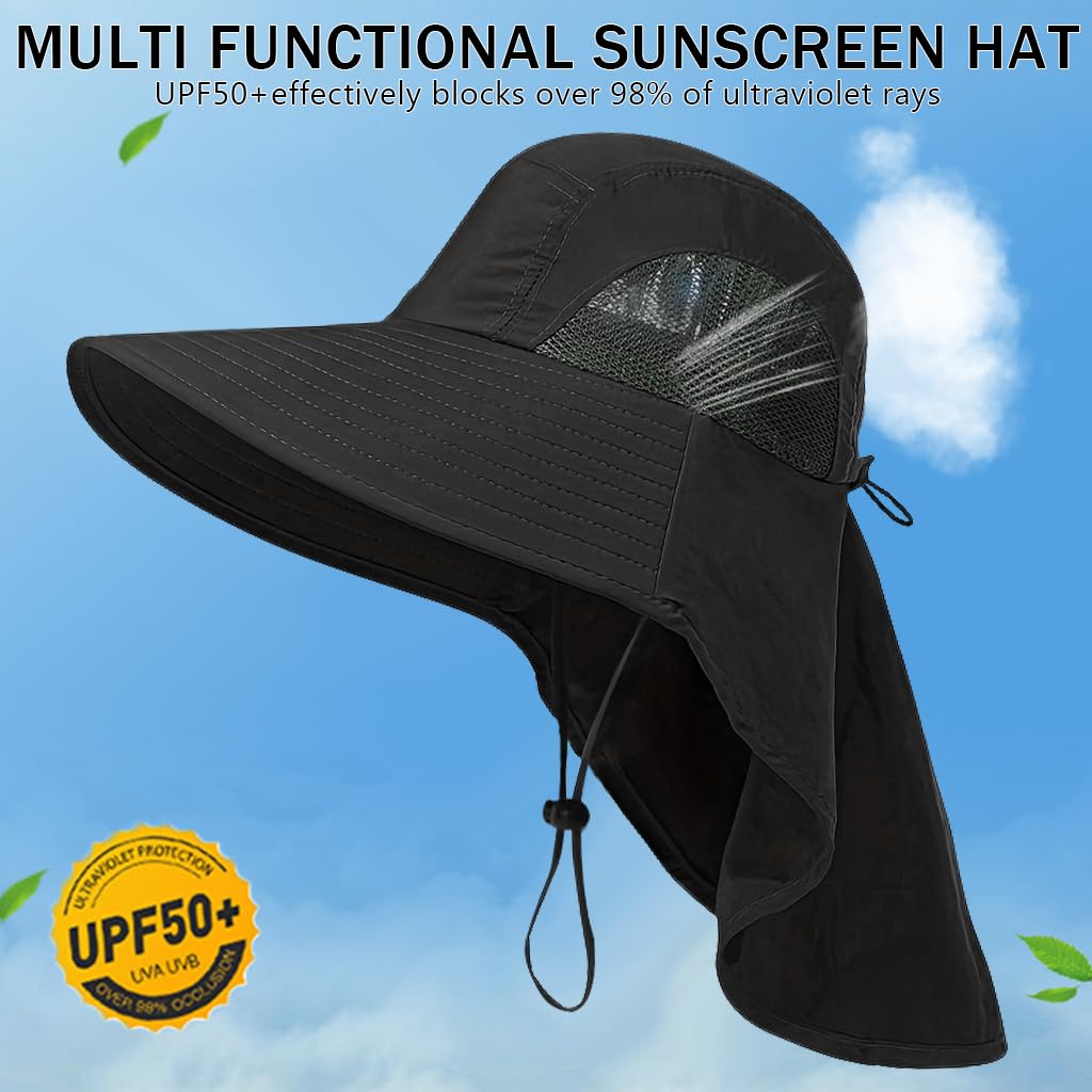 GUSTAVE Sun Hat for Hiking and Gardening with Wide Brim and Neck Flap UPF 50+ | Breathable Quick-Dry Polyester Adjustable Fit Black