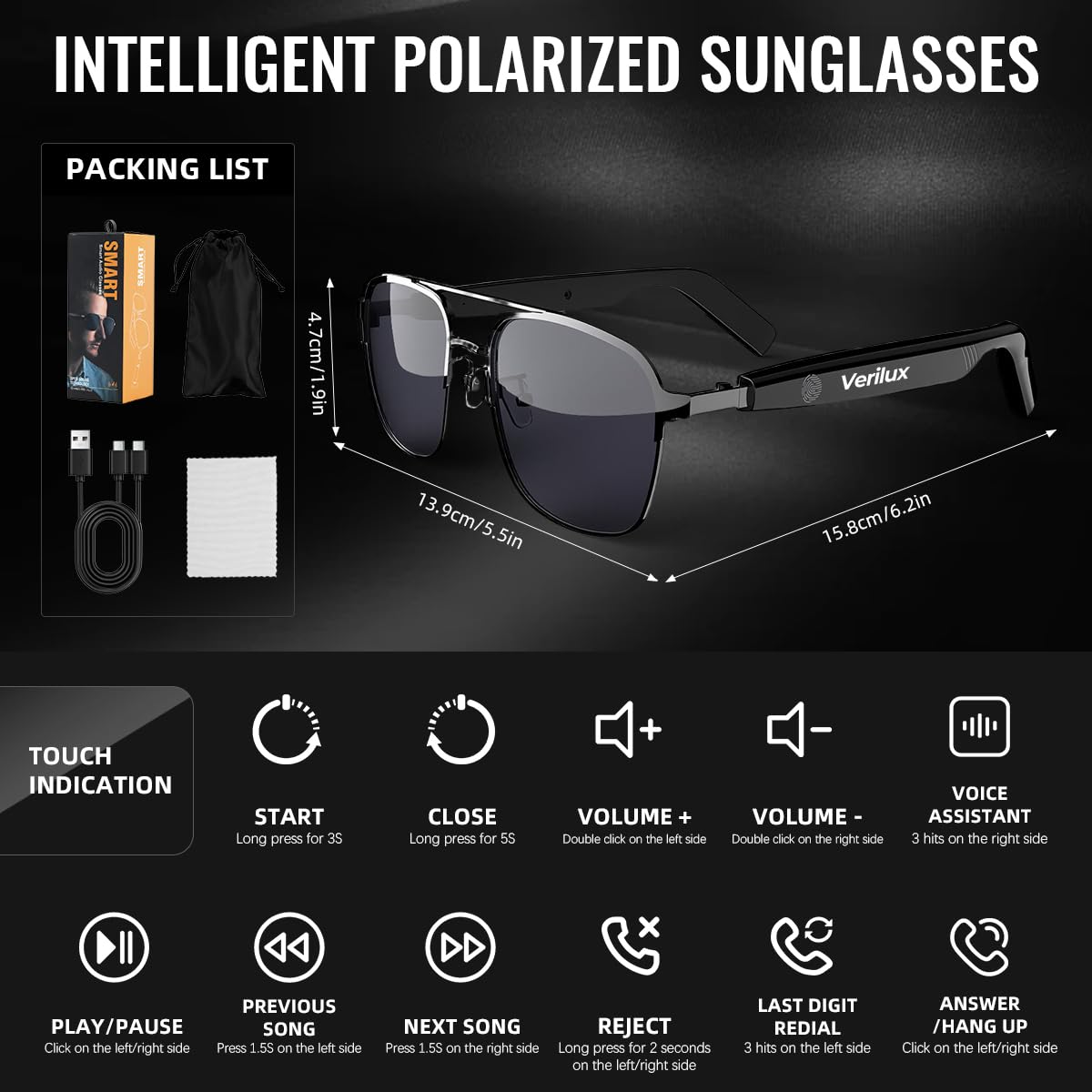 Verilux Smart Glasses Sunglasses with Bluetooth 5.4 and 80mAh Battery featuring Voice Control | Polarized UV400 Lenses for Outdoor Music and Hands‑Free Calls