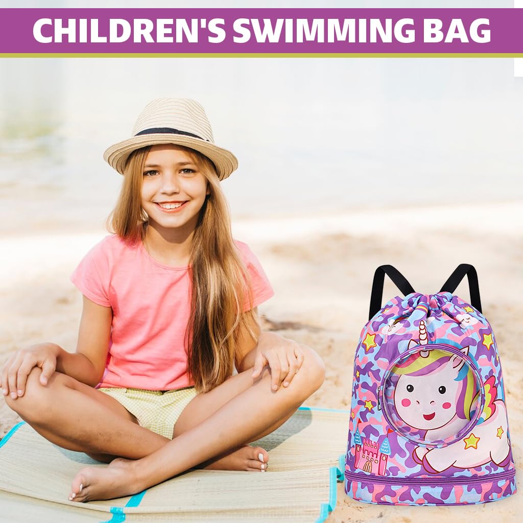 Proberos Drawstring Backpack for Girls with Shoe Compartment and Waterproof Unicorn Print | 2PCS Polyester Travel Bag