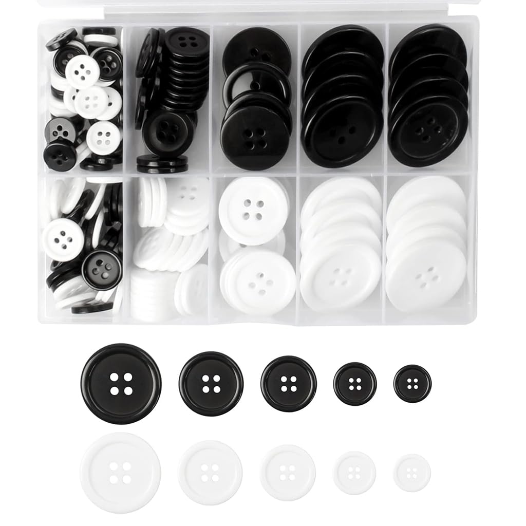 HASTHIP Sewing Buttons for Clothing and DIY Crafts featuring 100 pcs 0.39–1 in Resin | Black and White Round Design