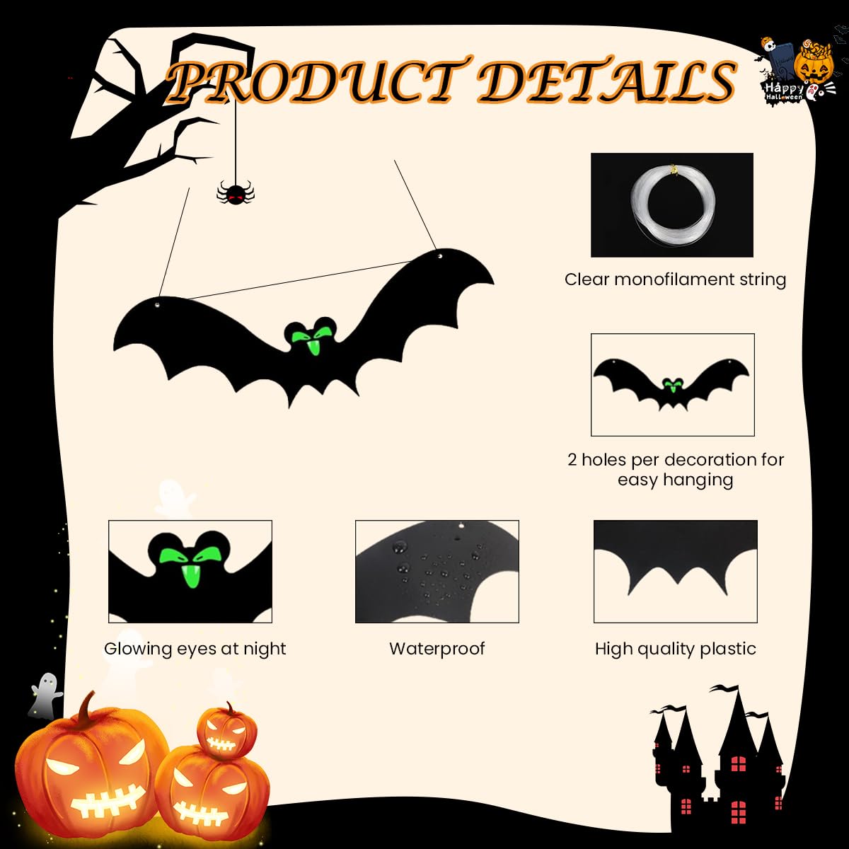 HASTHIP® 13Pcs Halloween Home Decorations PVC Black Bats Silhouette with Glow-in-the Dark Eyes Halloween Tree Hanging Decoration Halloween Garden Decor Wall Hangings