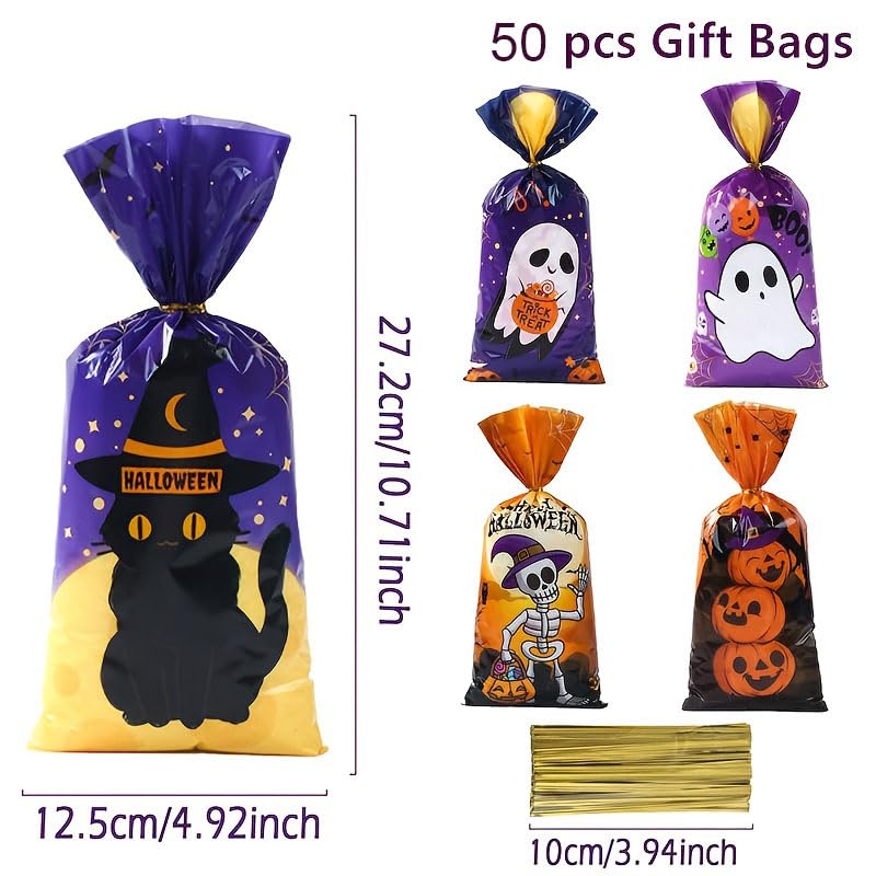 HASTHIP Halloween Goodie Bags for Party Treats 50 Pack 4.9x10.7 in with Golden Twist Ties