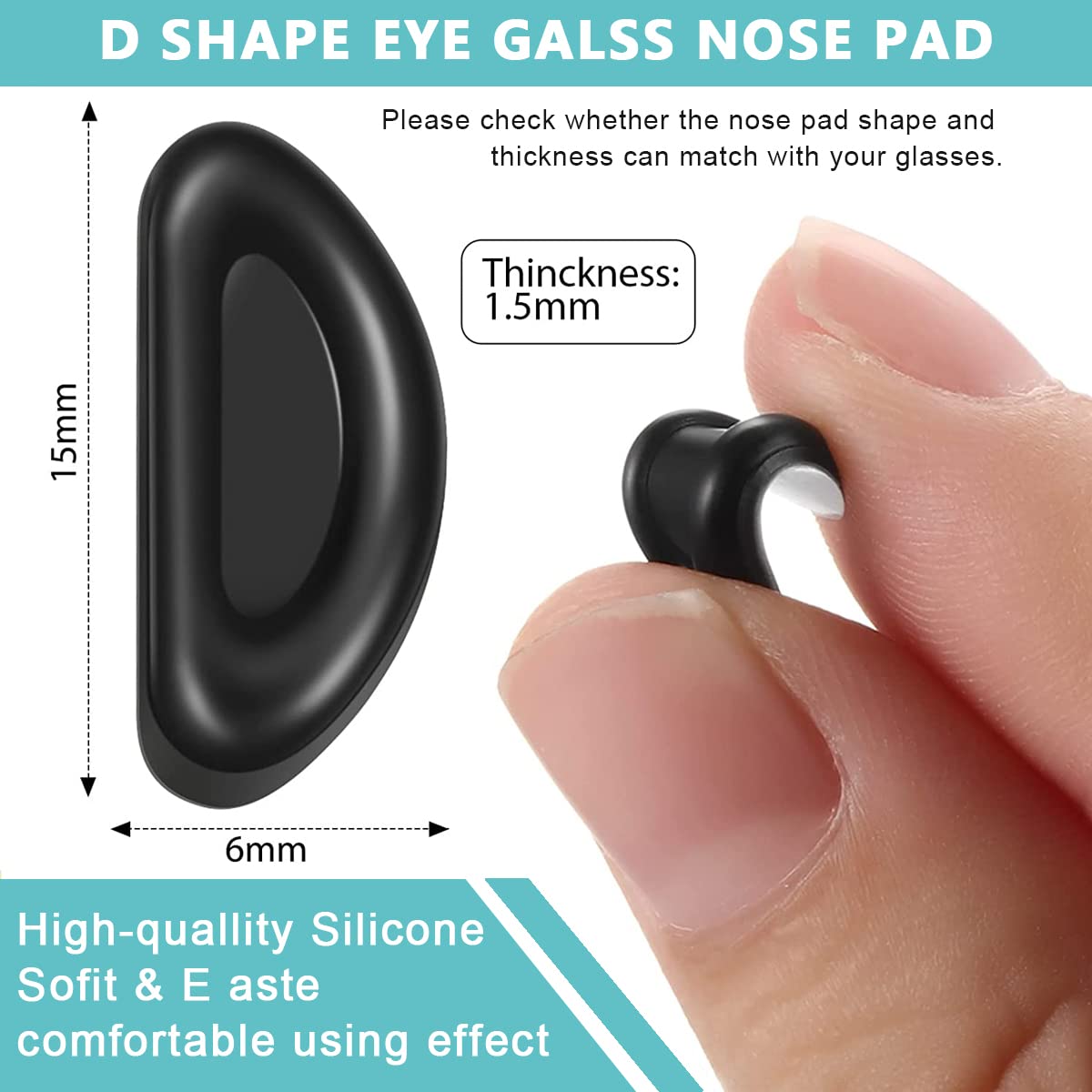 MAYCREATE Adhesive Eyeglasses Nose Pads for Glasses with D Shape 15×6×1.5 mm Black Silicone | 12 Pairs