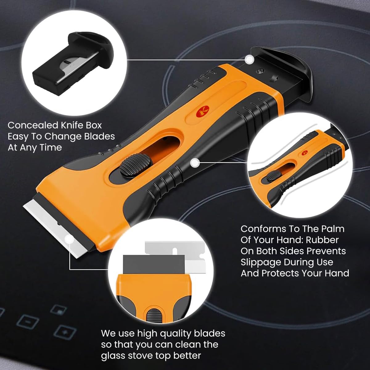 Serplex Razor Blade Scraper Tool for Glass and Tile Cleaning with 5 Extra Blades featuring Retractable SK5 Blade | Ergonomic Non Slip Handle