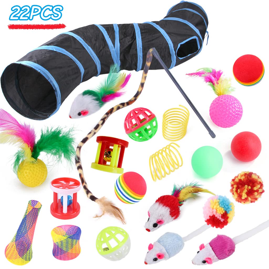 Qpets® 22 PCS Cat Toys for Kittens, Collapsible Cat Tunnels for Indoor Cats, Family Set Cat Teaser Toy Cat Feather Toy Fluffy Mouse Crinkle Balls Toys for Cat Puppy Kitty Rabbit Cat Playing Toys