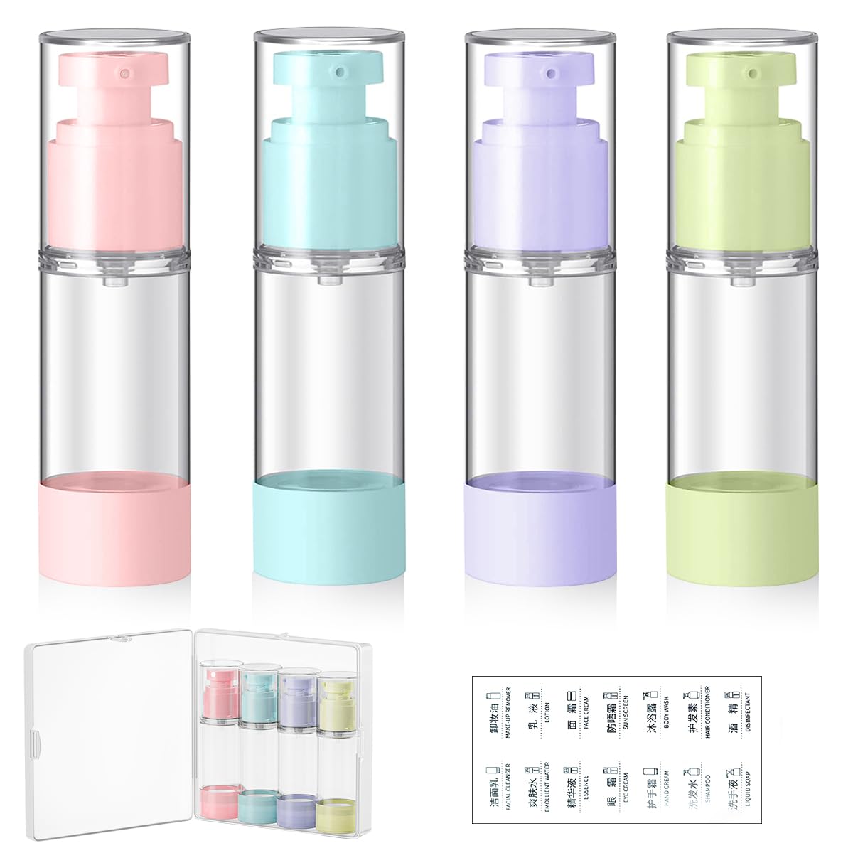 MAYCREATE Airless Pump Bottles for Travel Toiletries with 30ml Capacity and Leak-Proof Lids | Featuring Color Squeeze Nozzle Design