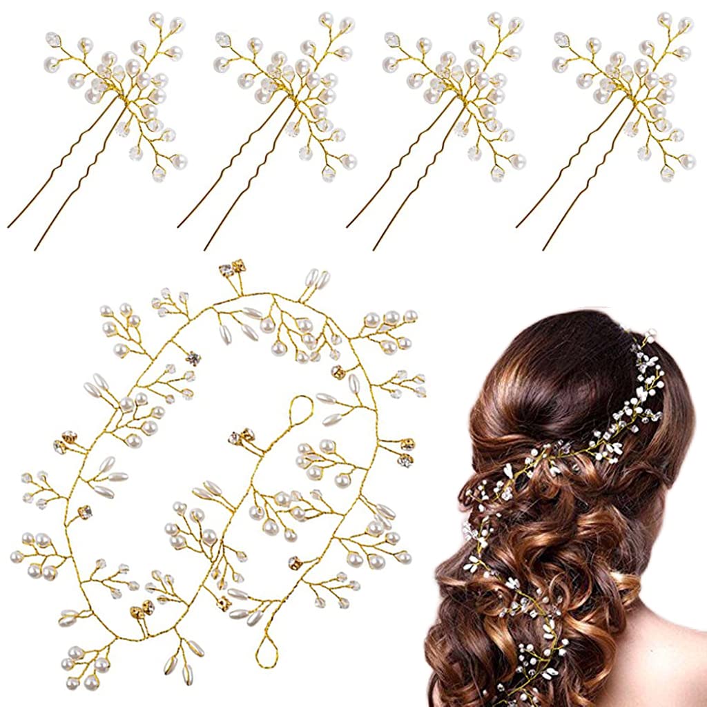 SANNIDHI® Bride Hair Pins Floral Hair Vine 5Pcs Set, Pearl Crystal Bridal Hair Accessories For Women Bridesmaids Wedding Anniversary Hair Piece (Gold)