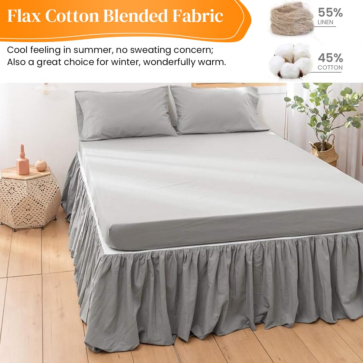 HASTHIP Pleated Bed Skirt for Full Size Beds 54x75 in with 15 in Drop in Minimalist Grey | Polyester Cotton Blend Dust Protection