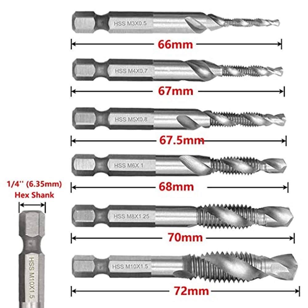 Serplex  6 Machine Screw Tap Set HSS Titanium Spiral Flute Drill Taps Metric M3 M4 M5 M6 M8 M10 Thread Tapping Tool 1/4  Hex Shank Countersunk Tap Drill Bit