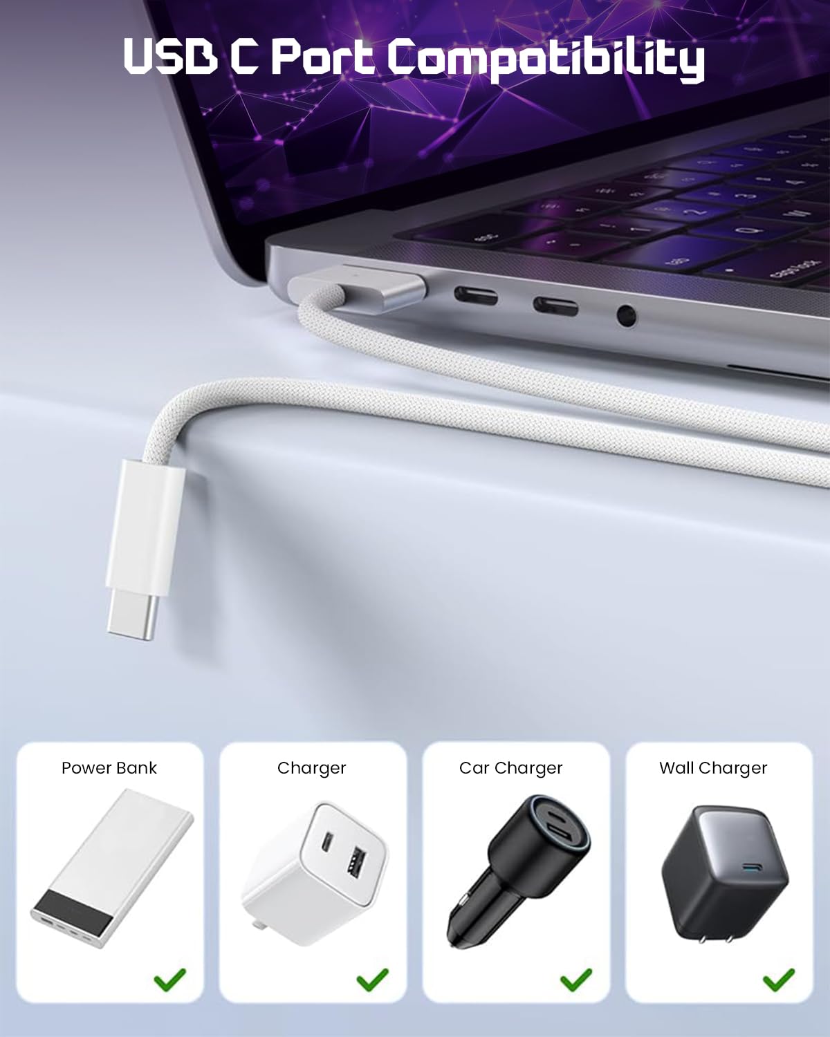 Verilux USB C to MagSafe 3 Cable for MacBook | 140W Fast Charging 6ft Nylon Braided