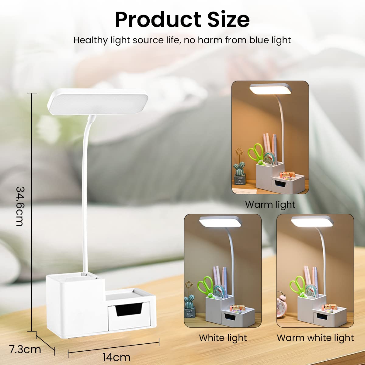 ELEPHANTBOAT Table Lamp for Study LED Light 2500mAh with Dual Pen Holder Flexible Gooseneck Night Study Lamp for Students Multifunction with Phone Stand and Storage Reading Lamp