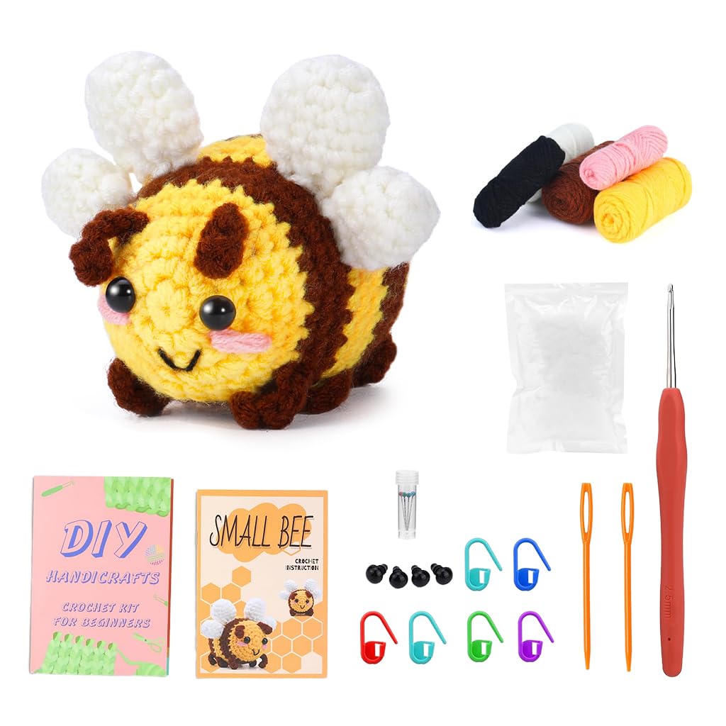 HASTHIP® Crochet Kit For Beginners, Complete Small Bee Animal Kit With High-Quality Materials & Step-by-Step Video Tutorials, Ideal For Craft Lovers, Perfect DIY Gift