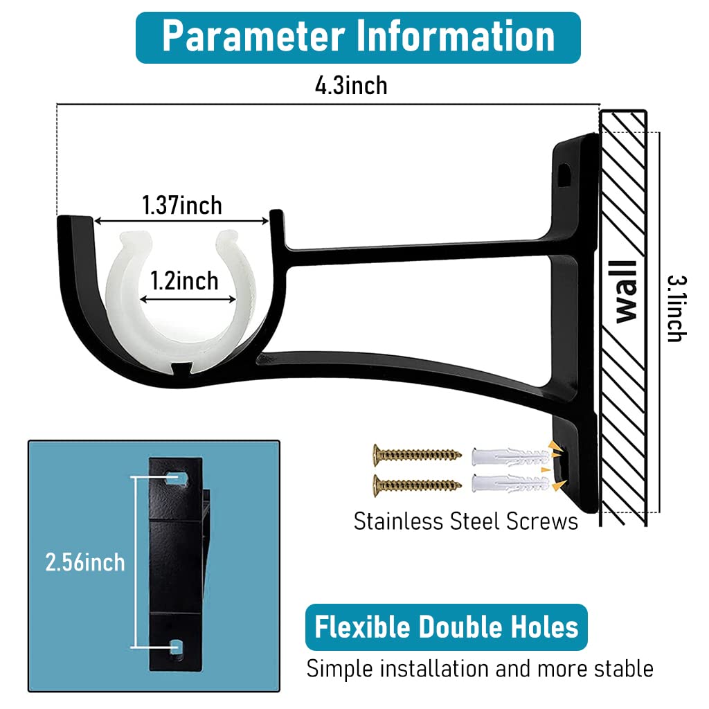 HASTHIP Curtain Rod Brackets for 1 inch Rods with Screw Mount Support | Aluminium Alloy Black 2 Pcs