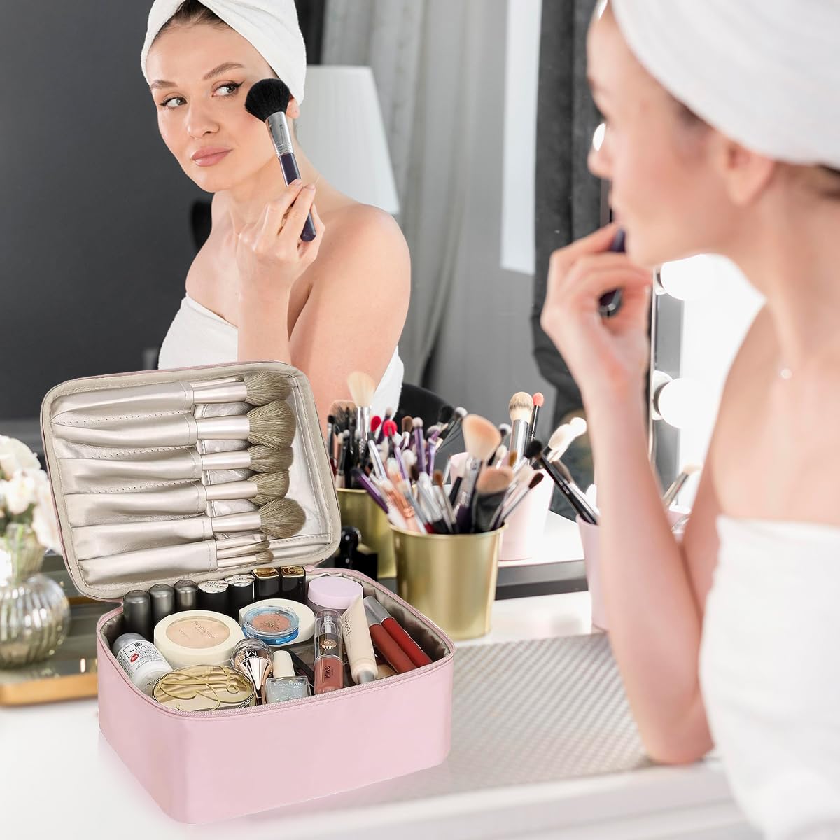 MAYCREATE Cosmetic Travel Bag for Women with Double Layer Wet Dry Separation | 22.5×13×16 cm PU Makeup Organizer in Coffee