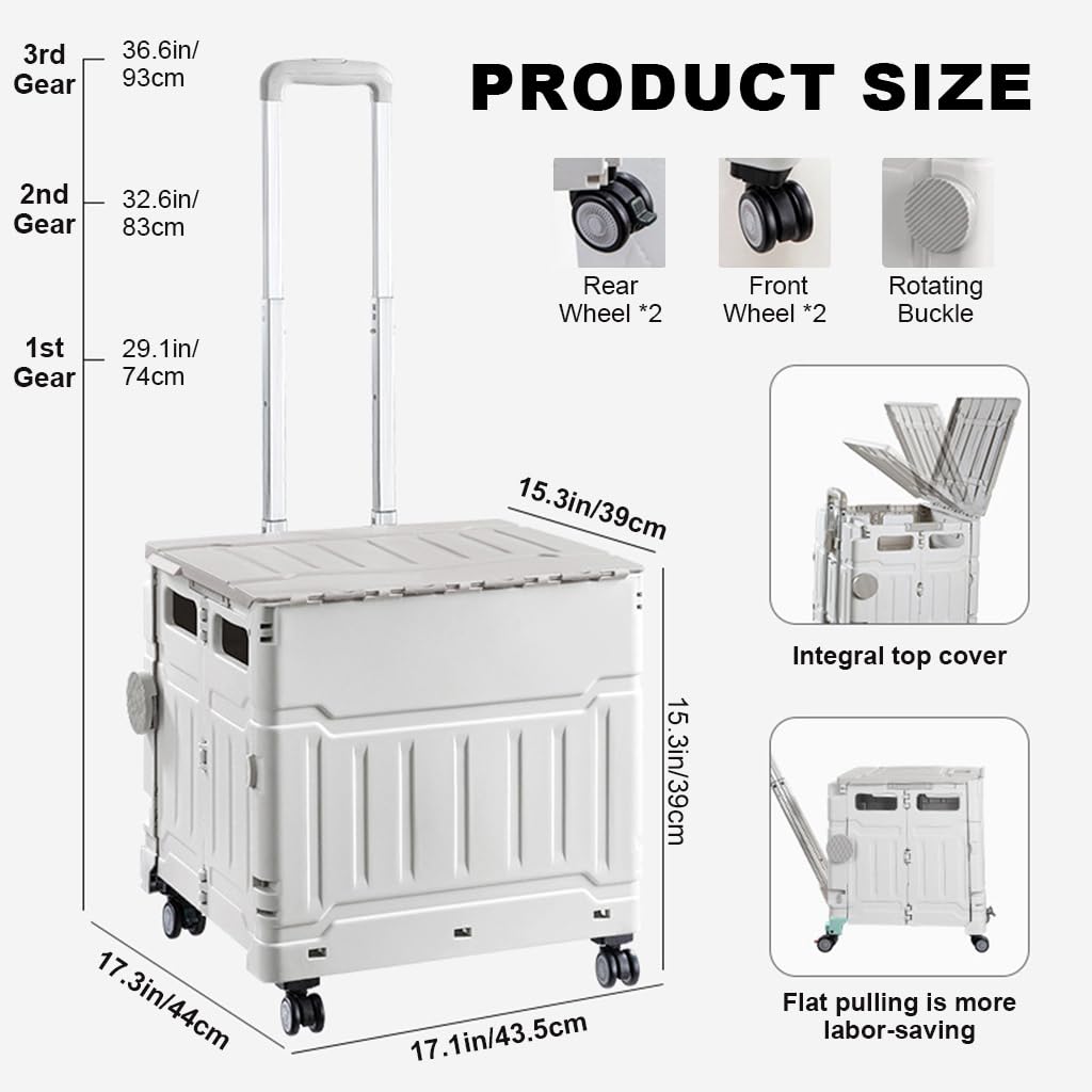 HASTHIP Folding Trolley Portable Grocery Cart Home Utlity Cart Moving Storage Box 36.61 inches Adjustable Metal Pull Handle Outdoor Rugged Trolley for Camping, Shopping, 43.5x44x43.5 inches